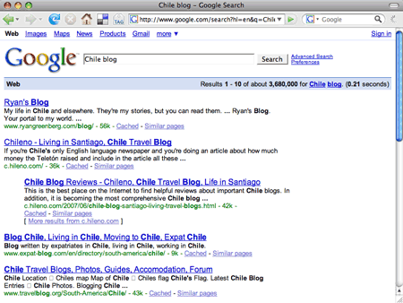 Ryan's Blog number one in Google search for 'Chile blog'